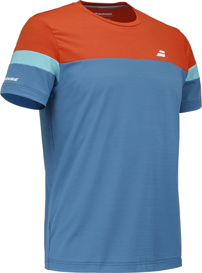 The Babolat Crew Neck Men's Padel T-Shirt - Seaport features an orange upper chest and shoulders, light blue sleeve bands, a blue body, and white Babolat logos—ideal for comfort on the padel court.