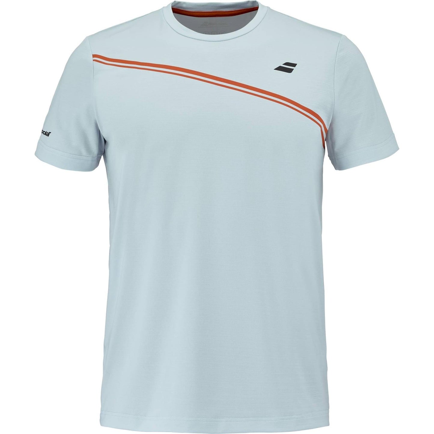The Babolat Play Men's Crew Neck Padel T-Shirt in Illusion Blue features a diagonal orange chest stripe, black logo on the left, and crew neckline—offering simple yet stylish comfort for men's padel, whether on or off the court.