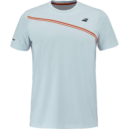 The Babolat Play Men's Crew Neck Padel T-Shirt in Illusion Blue features a diagonal orange chest stripe, black logo on the left, and crew neckline—offering simple yet stylish comfort for men's padel, whether on or off the court.