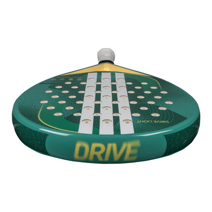 The ADIDAS Drive Light 3.4 Padel Racket - Powder Teal is a beginner-friendly padel racket with a lightweight design. It features numerous round holes on the face and a white handle for effortless play, with "DRIVE" in bold.