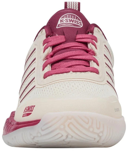 Front view of the K-Swiss Ultra Court Women's Padel Shoes in Jet Stream, Beaujois, and Jazzy, featuring maroon laces, textured rubber sole, and the K-Swiss logo—ideal for comfort and grip on the padel court.