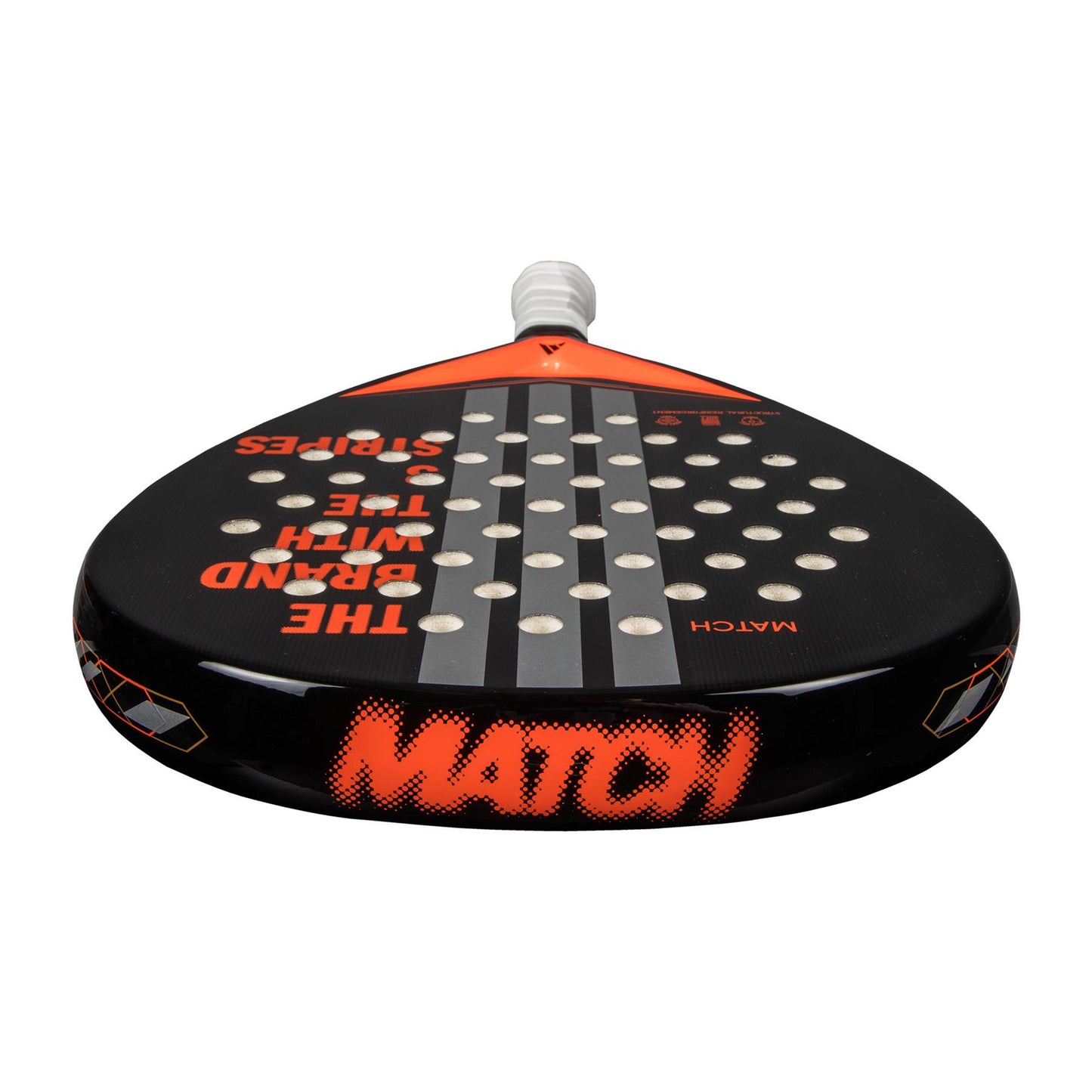 The ADIDAS Match Black 3.4 Padel Racket by adidas showcases a sleek black and orange design with a hybrid head shape. It features circular holes, "THE BRAND WITH THE STRIPES" in white, EVA Soft Performance foam, and "MATCH" prominently in red on the side.