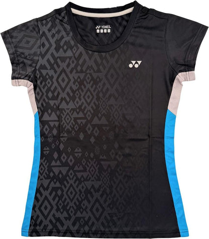 The Yonex YTL11 Womens Padel T-Shirt - Black features short sleeves, a black and gray geometric design, light blue side panels, a chest logo, and is made with Yonex’s performance fabric for comfort on and off the court.