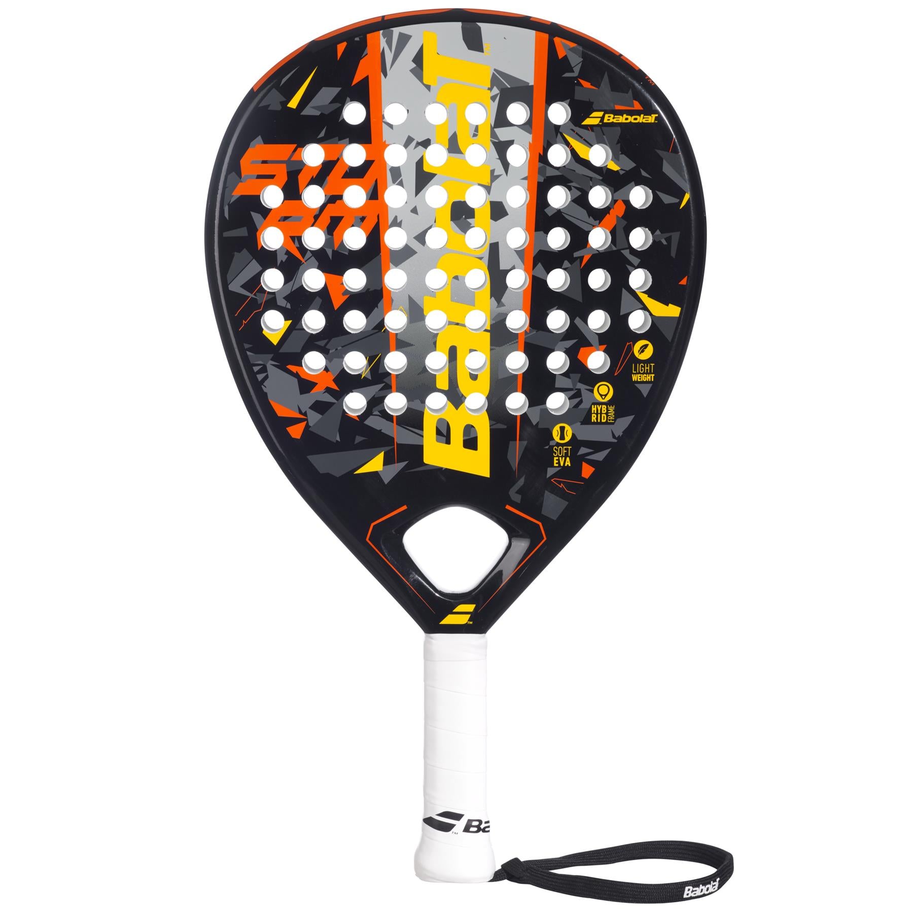 The Babolat Storm Padel Racket - Black / Yellow is crafted for beginner to intermediate level players, showcasing a vibrant mix of black, yellow, and orange in its design. It features a teardrop-shaped head with carefully placed perforations and includes a white handle along with a wrist strap to ensure secure play.