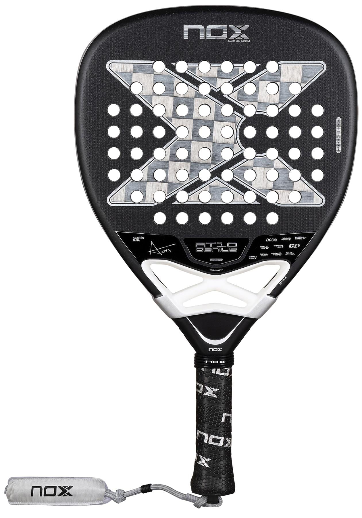 The NOX Luxury AT10 Genius Attack 18K Alum By Agustin Tapia 2026 padel racket features a black design with a large "X," white accents, perforations, a black grip with NOX logo, 18K aluminised carbon build, and white NOX-branded wrist strap.