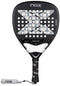 The NOX Luxury AT10 Genius Attack 18K Alum By Agustin Tapia 2026 padel racket features a black design with a large "X," white accents, perforations, a black grip with NOX logo, 18K aluminised carbon build, and white NOX-branded wrist strap.