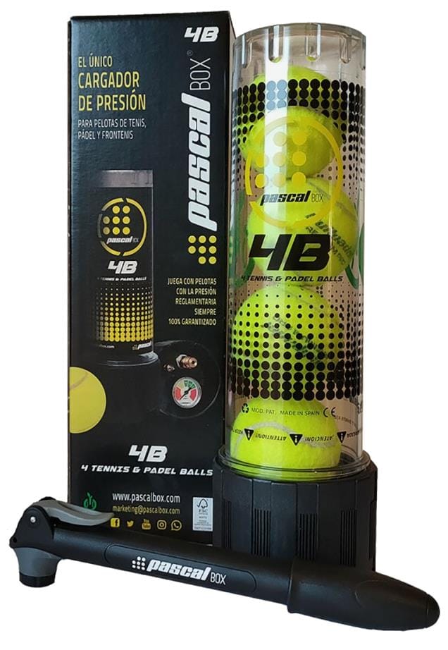 The Bullpadel Pascal Padel Ball Pressuriser - 4 Ball Tube by Bullpadel features a transparent tube holding four yellow balls, with a black hand pump displayed in front.