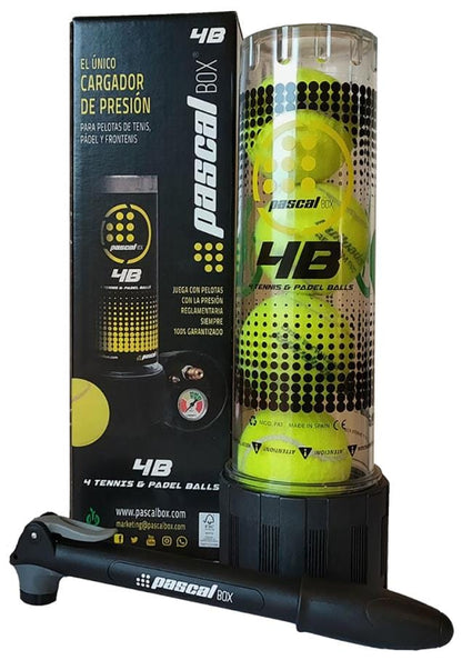 The Bullpadel Pascal Padel Ball Pressuriser - 4 Ball Tube by Bullpadel features a transparent tube holding four yellow balls, with a black hand pump displayed in front.