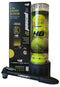 The Bullpadel Pascal Padel Ball Pressuriser - 4 Ball Tube by Bullpadel features a transparent tube holding four yellow balls, with a black hand pump displayed in front.