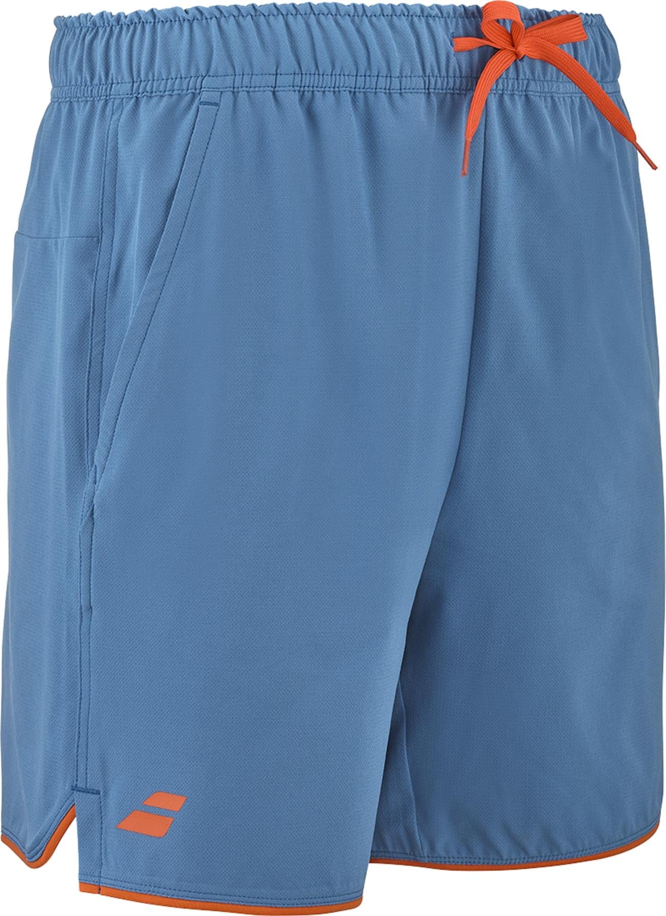 The Babolat Perf Mens Padel Shorts - Seaport are light blue athletic shorts with an elastic waistband, red-orange drawstring and logo, breathable fabric, side pockets, and a short side slit at the hem.