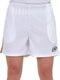 A person wears Bullpadel Campaza Men's Padel Shorts in white, showing a subtle mesh texture. Featuring Quickerdry tech, these Bullpadel shorts display a circular logo on the left leg and faint lettering on the right; only lower torso and upper legs are shown.