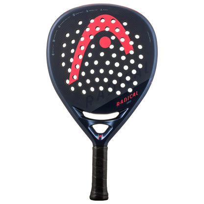 The HEAD Radical Pro 2024 Padel Racket showcases a sleek navy design with a perforated 3K carbon hitting surface, adorned with an eye-catching "H" logo. The handle is wrapped in black grip tape to ensure optimal control.