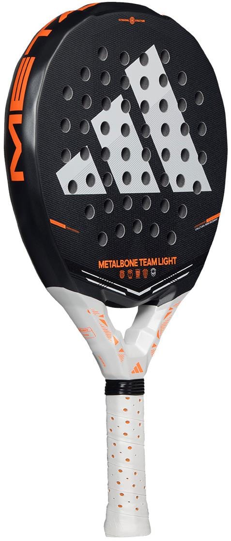 The adidas Metalbone Team Light 2026 Padel Racket in black features orange and white accents, the adidas logo on the face, “METALBONE TEAM LIGHT” in orange text, and a white grip—ideal for advanced players.