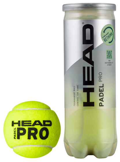 A vibrant yellow tennis ball featuring "HEAD PRO" text sits beside a clear plastic tube containing HEAD Padel Pro Padel Balls. The tube is branded with "HEAD PADEL PRO" and includes a "RETHINK" logo, highlighting its recognition as the professional tournament ball of choice.