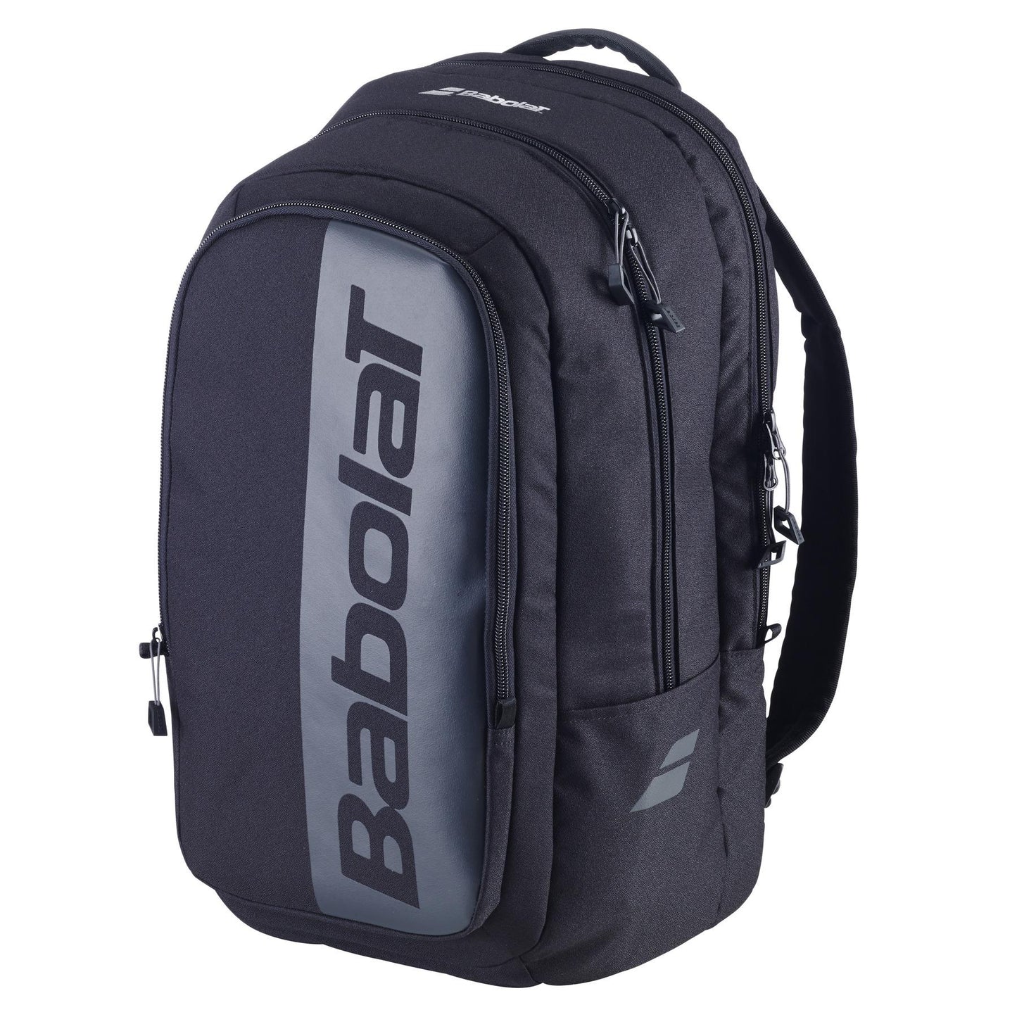 The Babolat Court Hero Padel Backpack in black, sleek and eco-friendly with a gray brand-name panel, offers multiple zippered compartments and adjustable shoulder straps.