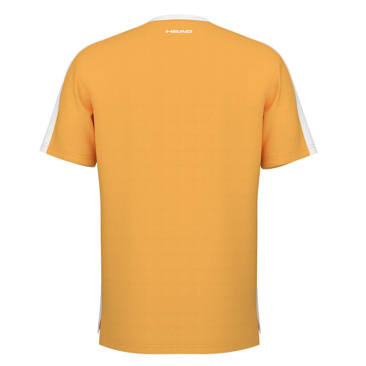 Back view of the HEAD Vision Slice Men's Padel T-Shirt in banana yellow, featuring white side panels and short sleeves. "Head" is printed in white near the neckline, while Moisture Transfer Microfiber technology ensures a breathable mesh back for optimal comfort during play.