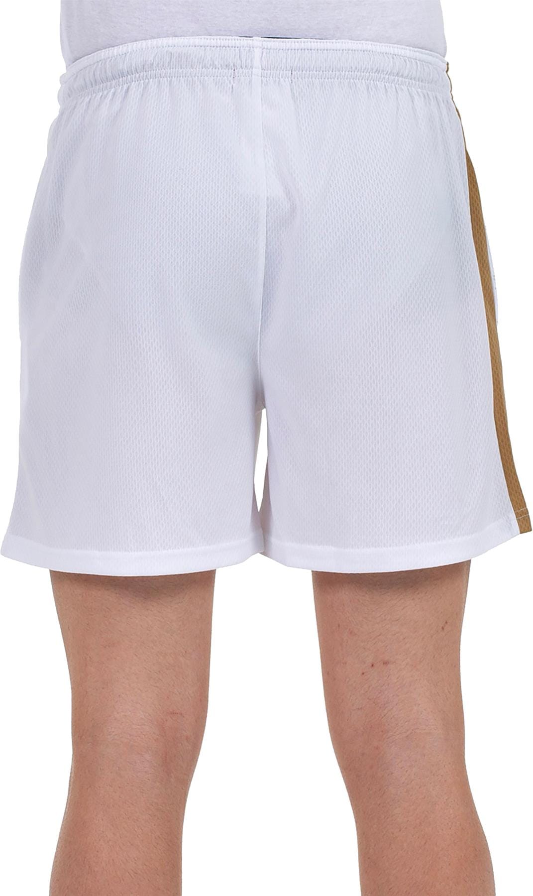 A person with their back to the camera showcases the Bullpadel Campaza Men's Padel Shorts in white by Bullpadel, featuring a gold stripe. Only the lower torso and upper legs are visible.