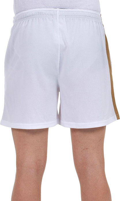 A person with their back to the camera showcases the Bullpadel Campaza Men's Padel Shorts in white by Bullpadel, featuring a gold stripe. Only the lower torso and upper legs are visible.