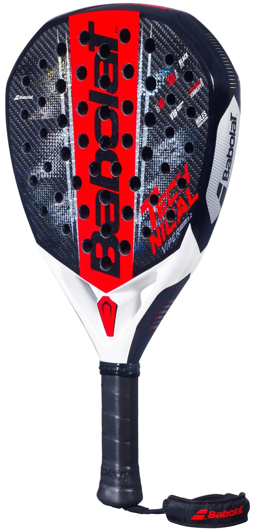 The Babolat Technical Viper Soft 3.0 Padel Racket features a black, red, and white teardrop-shaped head, carbon twill surface, black grip, and a bold red Babolat logo across the head for standout style.