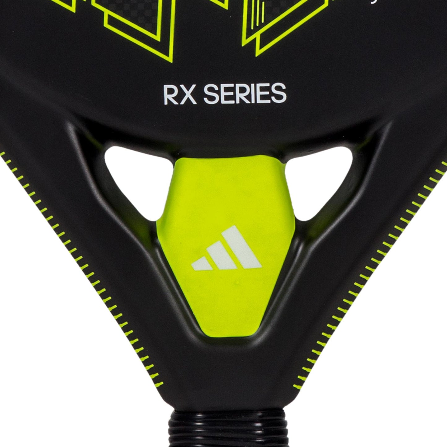 A close-up of the ADIDAS RX Series Padel Racket - Lime showcases its black and neon green color scheme, adorned with the adidas logo and branding. This fiberglass-constructed racket features a triangular design with sleek geometric patterns that emphasize its sporty aesthetics.