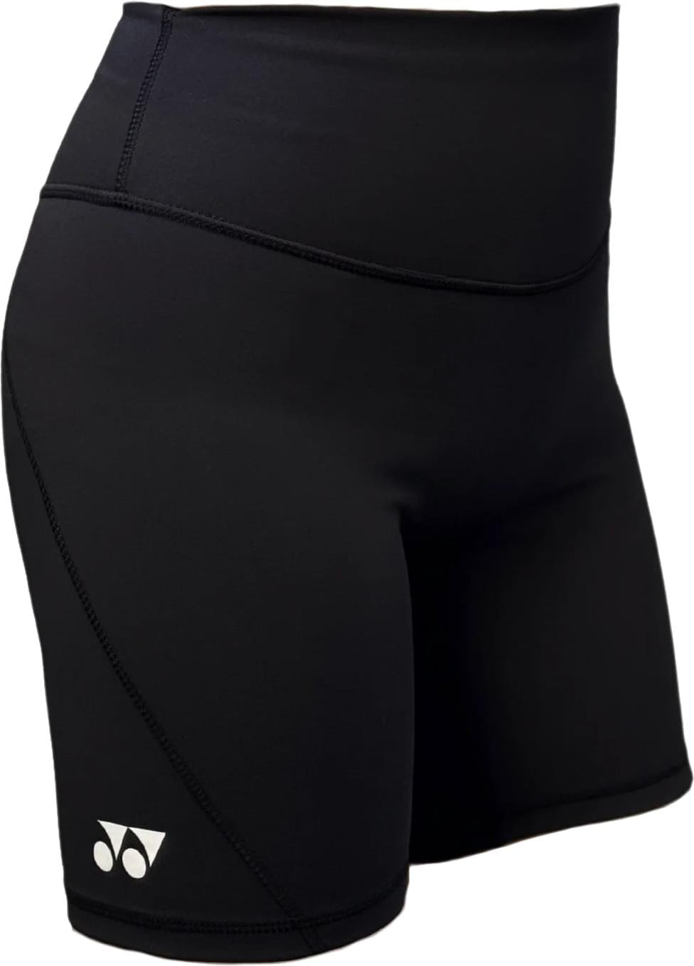 The Yonex YTS2024 Womens Core Padel Shorts in black feature a high waistband, a small white logo on the left thigh, and moisture-wicking fabric, making them perfect for active wear.