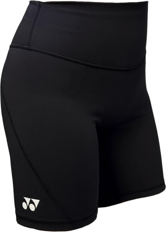 The Yonex YTS2024 Womens Core Padel Shorts in black feature a high waistband, a small white logo on the left thigh, and moisture-wicking fabric, making them perfect for active wear.