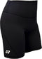 The Yonex YTS2024 Womens Core Padel Shorts in black feature a high waistband, a small white logo on the left thigh, and moisture-wicking fabric, making them perfect for active wear.