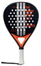 The ADIDAS Match Black 3.4 Padel Racket features a hybrid head shape and a black design with red and silver accents. It displays "THE BRAND WITH THE 3 STRIPES" in orange, has EVA Soft Performance foam, white grip tape, and a black wrist strap.