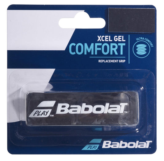 The Babolat XCEL Gel X1 Replacement Padel Grip in Black is packaged to ensure maximum comfort and high absorption. It comes with branding and product details, featuring the visible grip enclosed in a clear plastic cover, all elegantly displayed on a card with a blue and white color scheme.