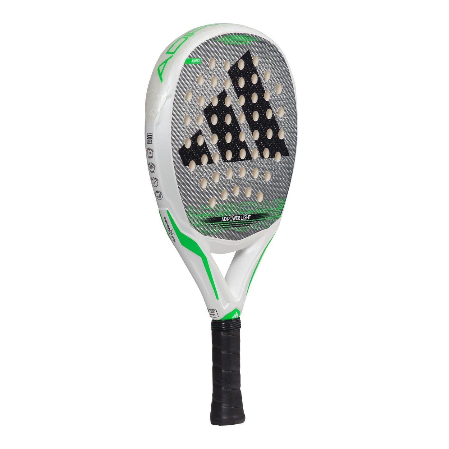 The ADIDAS Adipower Light 3.3 padel racket, from adidas, showcases an elegant white face accented with green details and a central logo for a bold appearance. Engineered for control, it includes a comfortable grip handle to enhance your performance on the court.