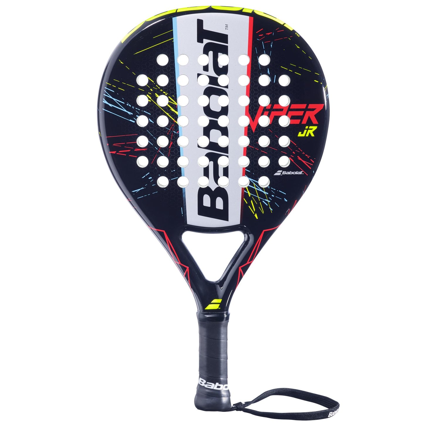 The Babolat Viper Junior Padel Racket - Black is crafted for young athletes, showcasing a modern black frame with vibrant accents and several perforations on the face. The brand name "Babolat" along with "Viper JR" is prominently displayed, and it includes a secure wrist strap attached to the black handle for confident gameplay.