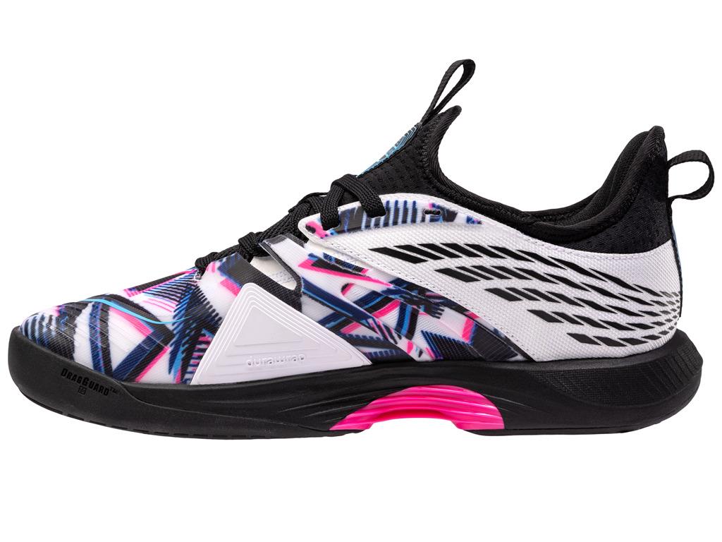 Introducing the K-Swiss Speedtrac Padel Shoes, a vibrant mix of neon pink, black, and white with a detailed geometric design. Crafted for athletic use, these shoes feature a black sole with Ortholite cushioning, paired with black laces and an eye-catching black and white heel.