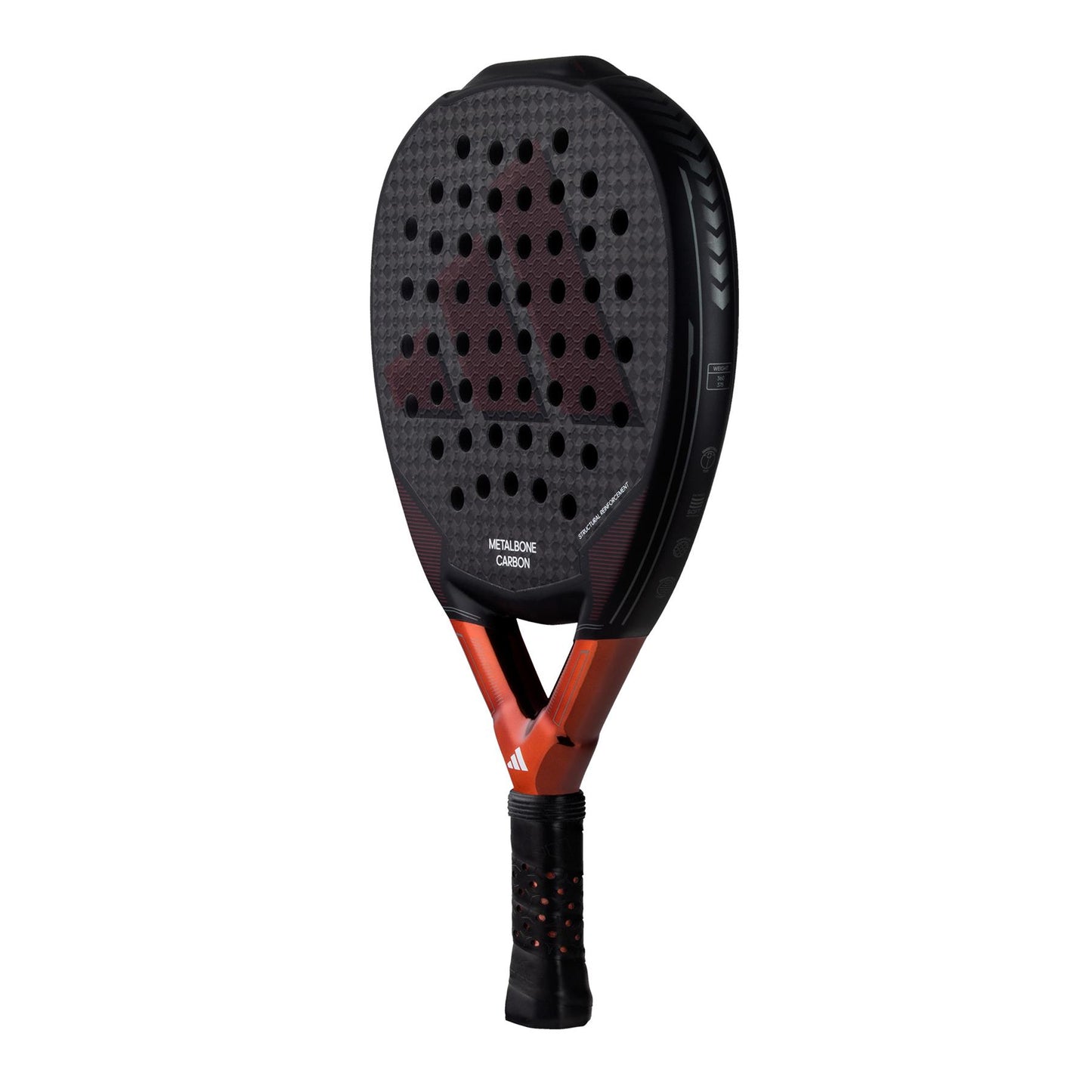 The ADIDAS Metalbone Carbon 3.3 Padel Racket in Black and Copper features a textured surface with a prominent brand logo across the face, designed with perforations to ensure optimal airflow. The handle is wrapped in black grip accented by red highlights, while the shaft displays "6K Carbon" text to highlight its advanced design by adidas.