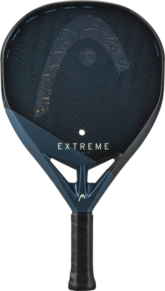 The HEAD Extreme One 2025 Padel Racket in black/blue features "EXTREME ONE" on the face, Extreme Spin tech, a textured 12K Carbon Fibre surface, and a perforated design for added control.