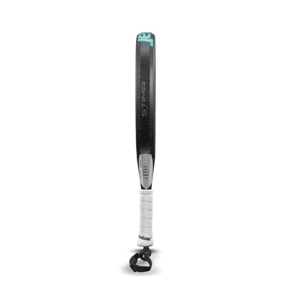 Image of a Babolat Stima Energy padel racket in a combination of black and turquoise, standing upright against a white background.