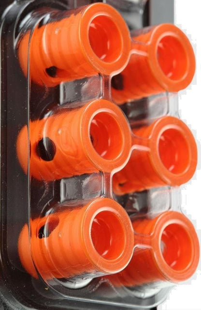 Close-up of six Bullpadel Ease Vibe Padel Dampeners in fluorescent orange, arranged in two rows inside clear packaging—ideal paddle racket accessories from Bullpadel for reducing unwanted racket vibrations.