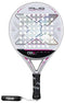 The NOX ML10 Pro Cup Silver By Miguel Lamperti 2025 Padel Racket features a white and silver design with black and pink accents, center "X" graphic, perforated holes, carbon structure, black grip handle with wrist strap, and the innovative Smartstrap System.