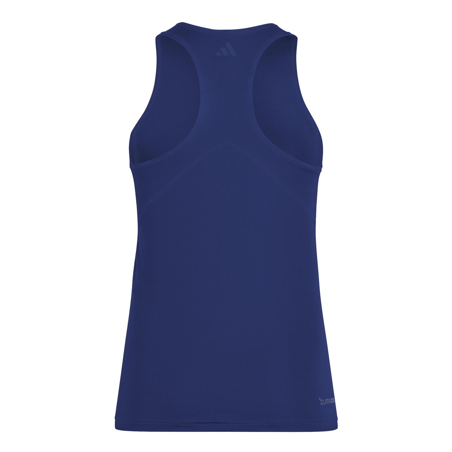 The image highlights the ADIDAS Women's Club Padel Tank Top in navy, made from recycled materials. This sleek athletic design features a racerback and Climacool technology for breathability, with a subtle logo near the neckline, set against a white background.