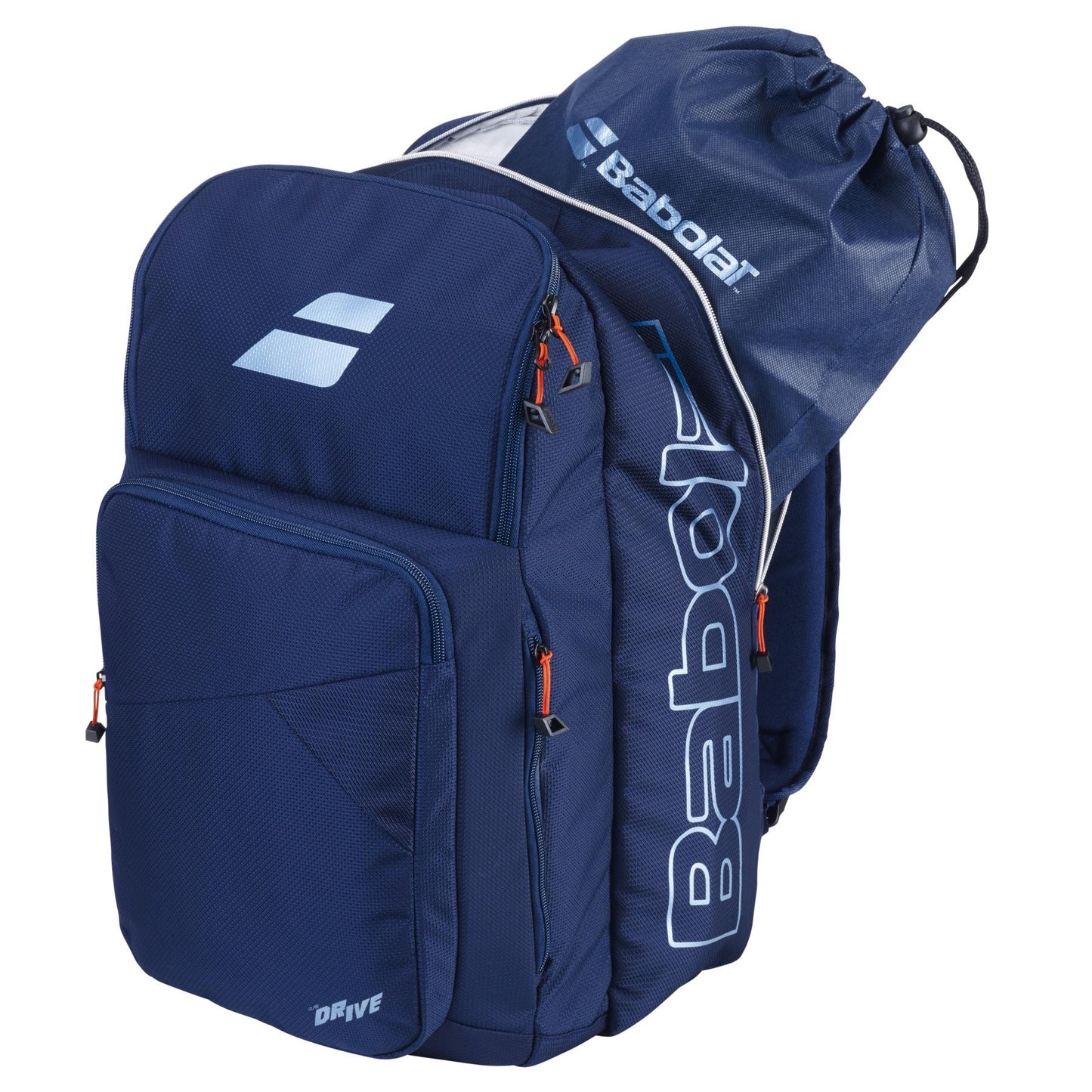 The Babolat Pure Drive Padel Backpack features durable recycled materials, multiple compartments, zippered pockets, and the iconic Babolat logo in blue. It comes with a matching drawstring bag that showcases the same stylish branding.