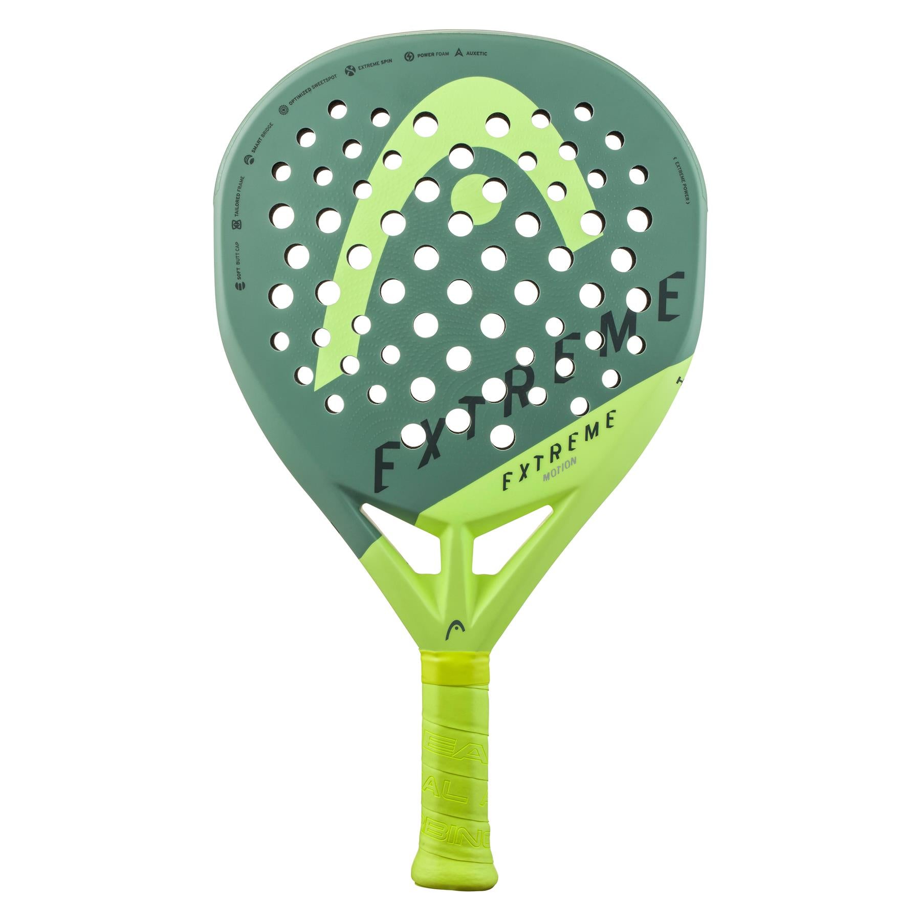 The HEAD Extreme Motion 2023 Padel Racket - Green showcases a vibrant green and yellow design, incorporating advanced Auxetic technology to boost performance. Featuring "EXTREME" and "FXTREME" on its surface, the racket's yellow handle ensures a secure grip. The sleek appearance is highlighted by logos strategically placed at the center and bottom.