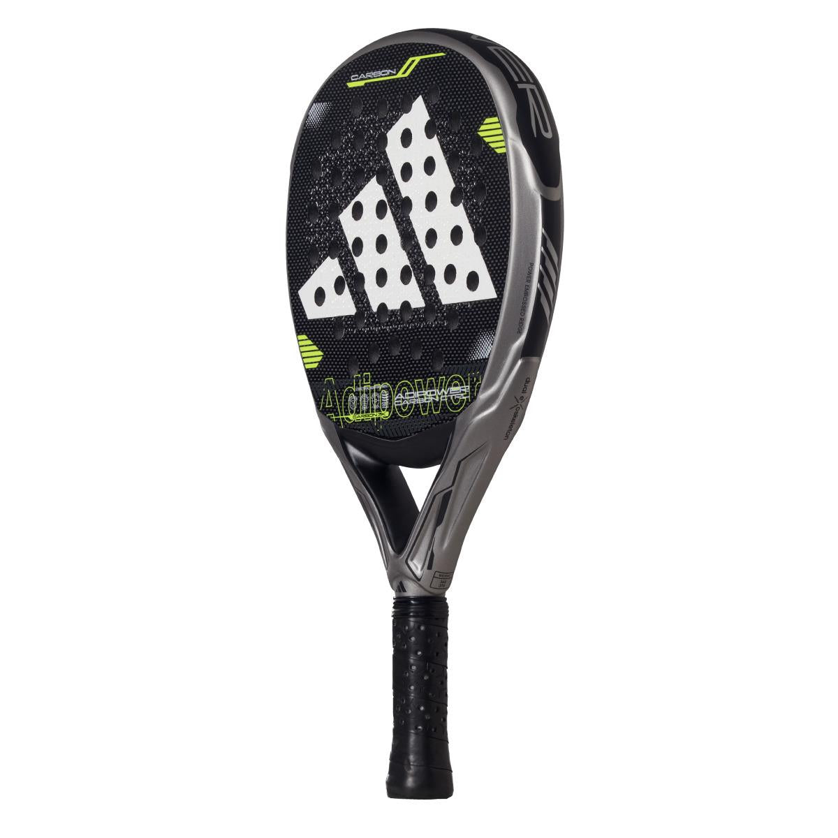 The ADIDAS Adipower Carbon CTRL 3.4 Padel Racket in black and grey boasts a textured surface with the white adidas logo and features Spin Blade Mold technology. It has "Adipower" in green, a black handle, and a wrapped grip for precision play.