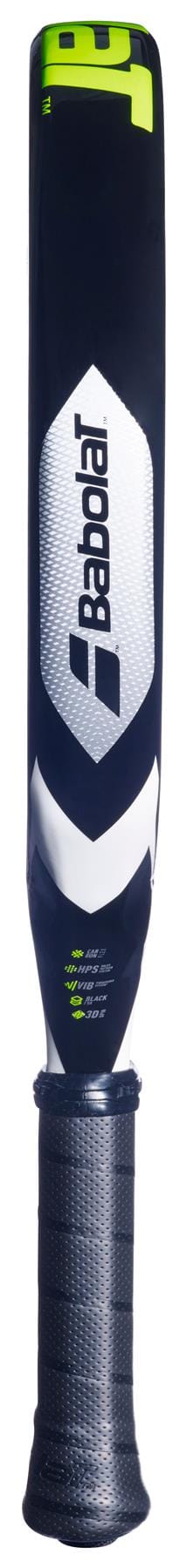 The Babolat Counter Veron 2.6 Padel Racket features a black and white handle with a textured black grip, neon green top accents, and durable CarbonFlex construction.