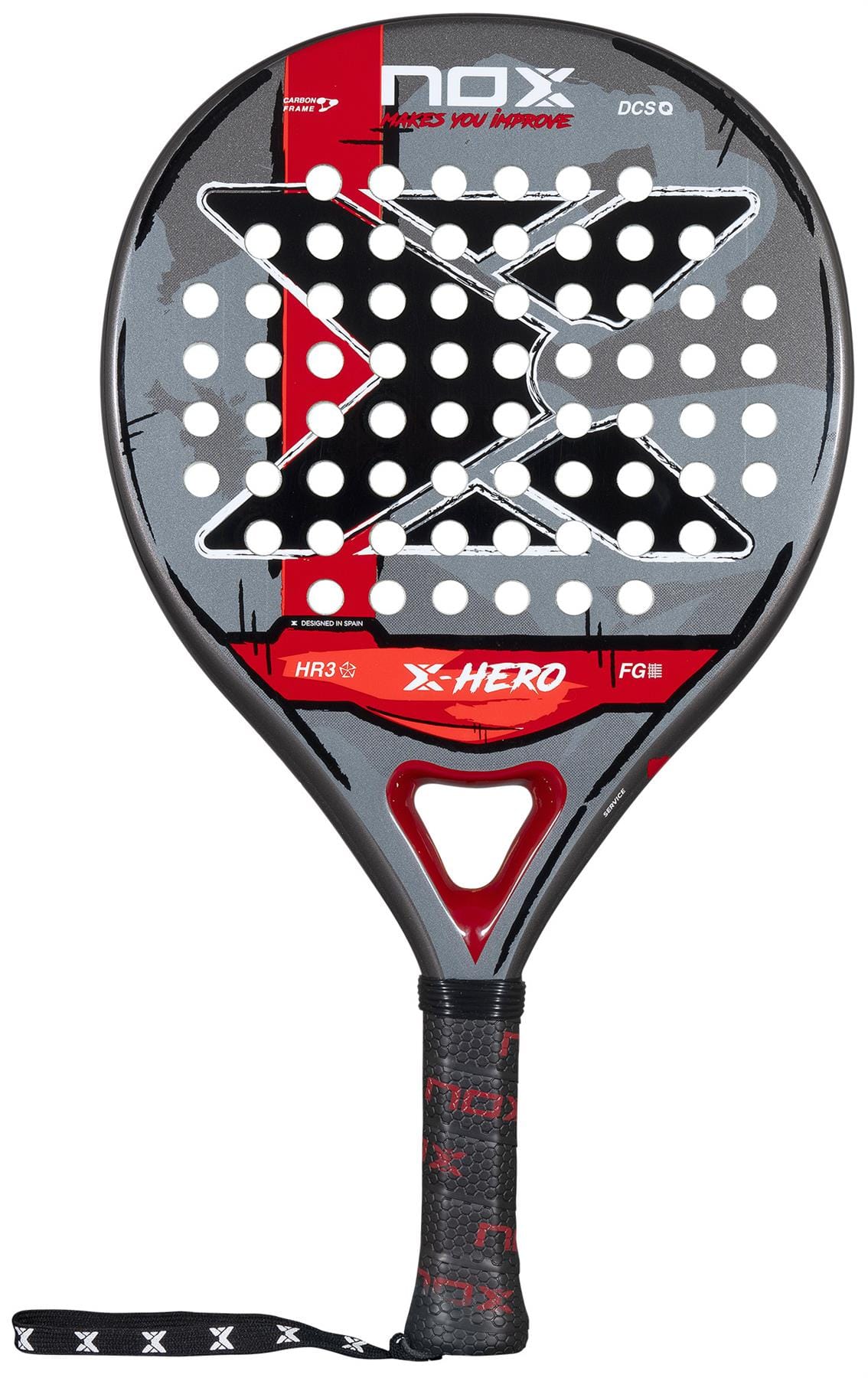 The NOX X-Hero Red Padel Racket by NOX features a striking black, gray, and red design with a bold "X" center, circular holes for control, and a branded wrist strap—making it an ideal choice for beginner padel players.