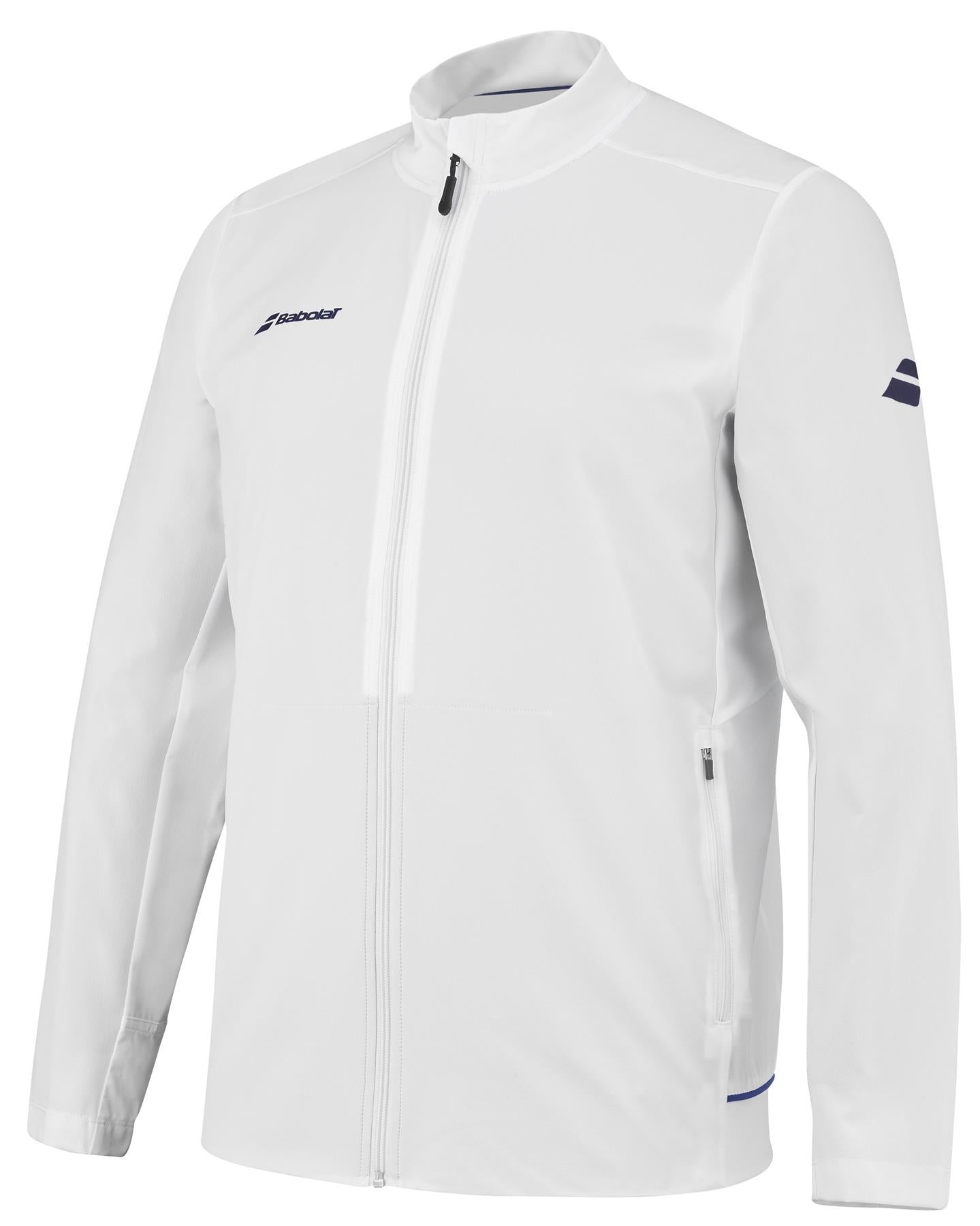 Introducing the Babolat Play Men's Padel Jacket in white, this stylish piece from Babolat features a high collar and long sleeves. Made from recycled polyester, it includes distinctive logos on the chest and left sleeve. The jacket is designed with two zippered pockets and a sleek Fiber Dry finish, making it perfect for both sports activities and casual wear.