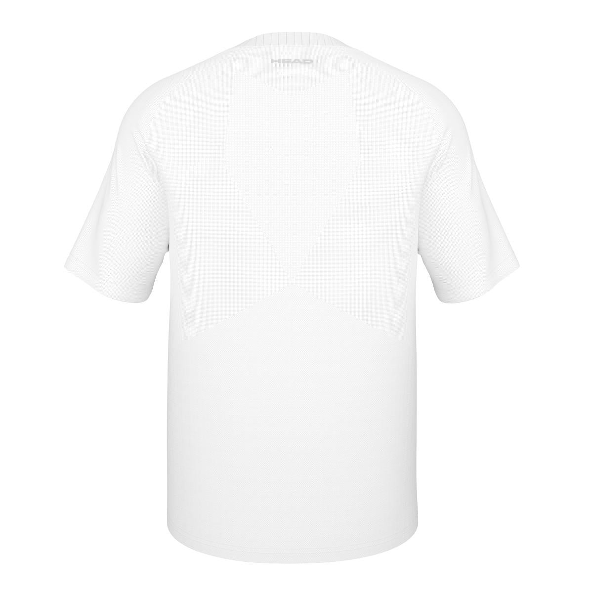 The HEAD Performance Men's Padel T-Shirt in white showcases a minimalist design with a subtle logo located on the upper back. It incorporates Moisture Transfer Microfibre technology and is presented against a white background, emphasizing its simple and clean aesthetic.