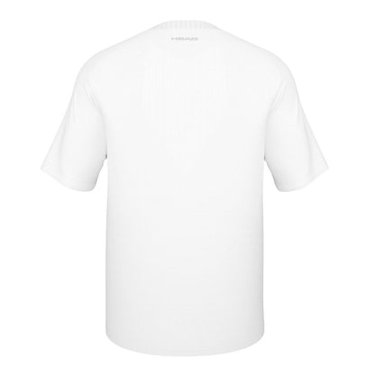 The HEAD Performance Men's Padel T-Shirt in white showcases a minimalist design with a subtle logo located on the upper back. It incorporates Moisture Transfer Microfibre technology and is presented against a white background, emphasizing its simple and clean aesthetic.