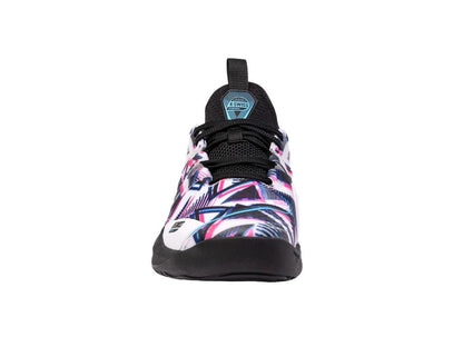 Front view of the K-Swiss Speedtrac Padel Shoes, presenting a vibrant sneaker adorned with geometric patterns in neon pink, blue, and white. The design features black laces and a branded K-Swiss label on the tongue. It includes an Ortholite insole for comfort and a black sole enhanced with an AÖSTA 7.0 rubber compound at the white-tipped side.