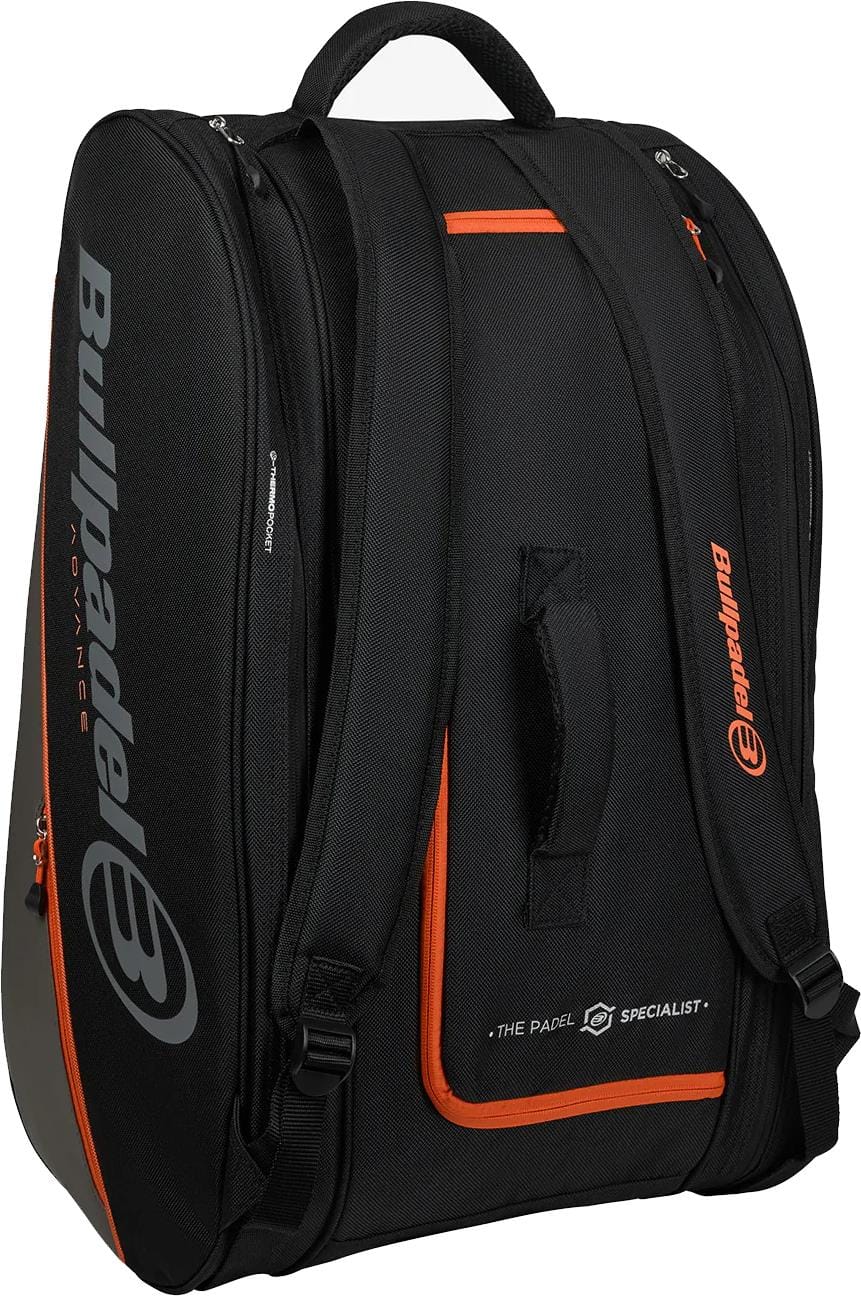The Bullpadel BPP26014 Advance 2026 Padel Racket Bag in black and orange features padded straps, a top handle, side and front Bullpadel branding, and thermal racket compartments for protection.