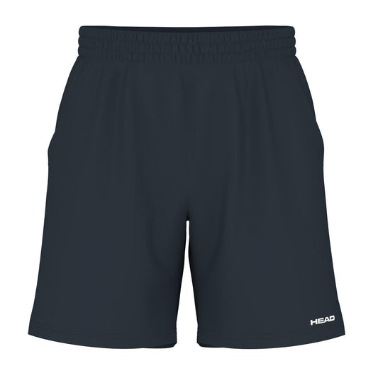 Introducing the HEAD Vision Power Men's Padel Shorts in navy, featuring a comfortable elastic waistband and 4-way stretch for optimal flexibility. The "HEAD" logo is prominently displayed on the lower right leg. These shorts are crafted with moisture transfer microfiber and include two side pockets, making them ideal for both sports activities and casual wear.