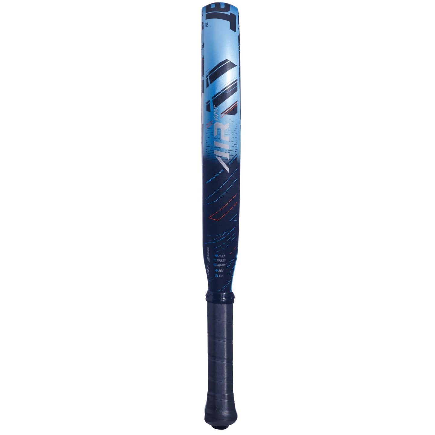 An upright Babolat Air Viper padel racket in blue and black showcases explosive power and maneuverability. It features a textured grip handle that transitions from black at the bottom to lighter blue at the top, adorned with diagonal lines and text that evoke the design of the Babolat Air Viper.